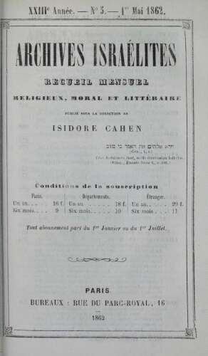 Archives israélites de France. Vol.23 N°05 (mai 1862)